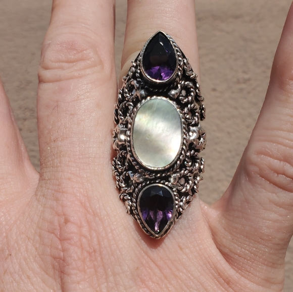 New Abalone Shell & Amethyst 925 Silver Statement Ring. - Picture 8 of 16